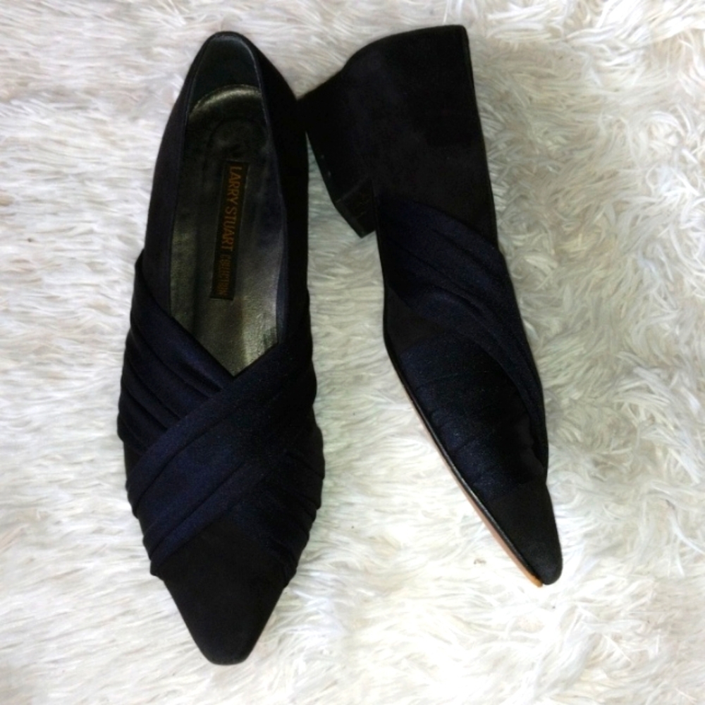 Larry Stuart Navy Satin Crisscross Pointed-Toe Formal low heels shoes